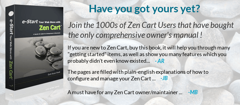 Heb jij hem al? Reeds 1000en Zen Cart gebruikers hebben deze gebruikershandleiding gekocht! Koop ook de enige uitgebreide Zen Cart gebruikershandleiding! koop vandaag nog deze engelstalige handleiding